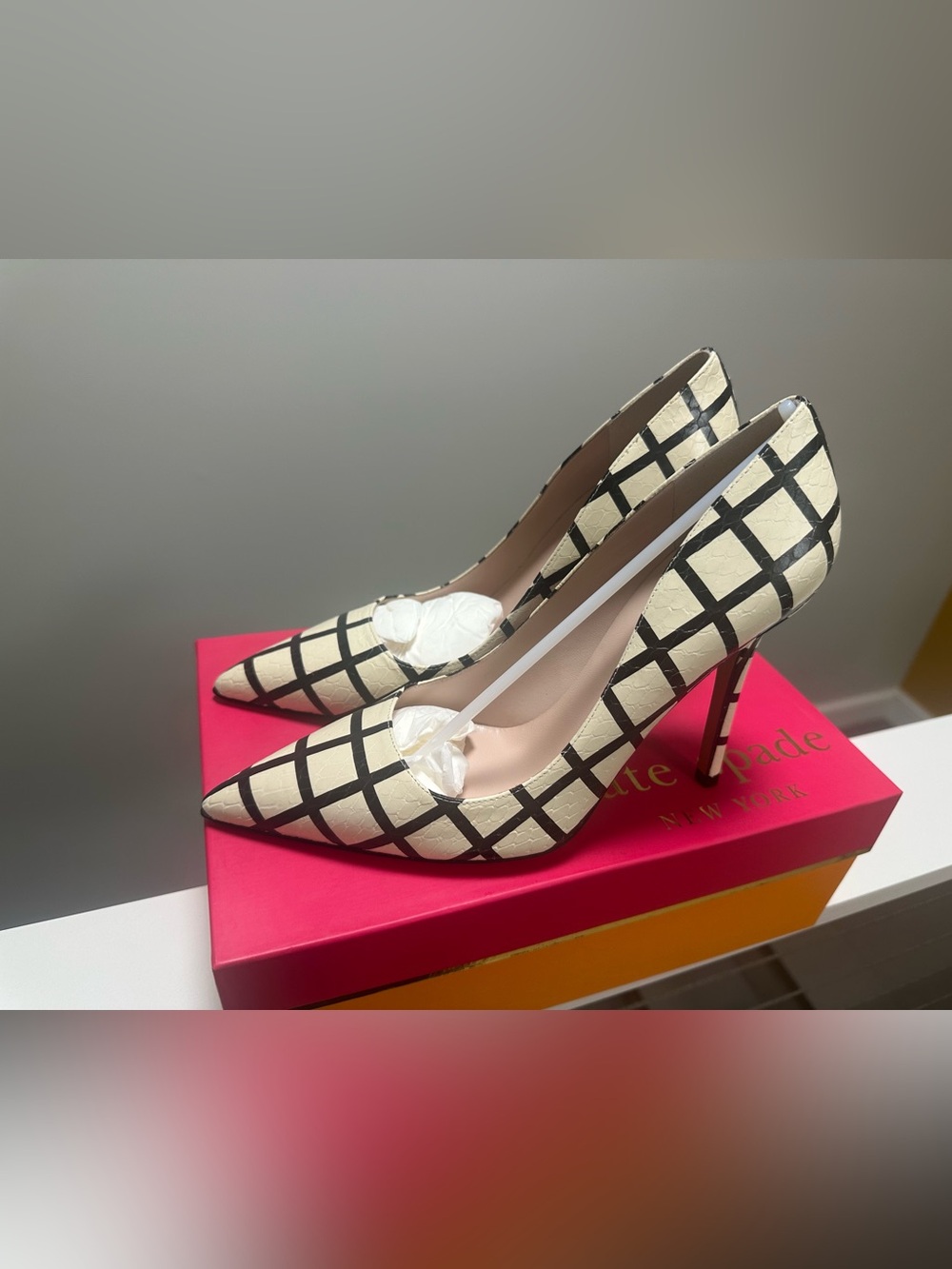 kate spade Cream and Black Grid Pointed Toe Pumps